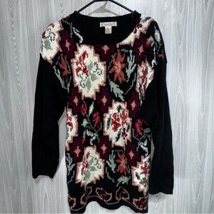 Vintage Rachel Max Multicolored Dark Floral Hand knit Tunic Sweater Sz L‎
